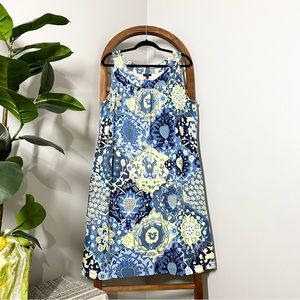 Talbots 2X Blue Yellow Floral Sleeveless Button Detail Cotton Knit Dress